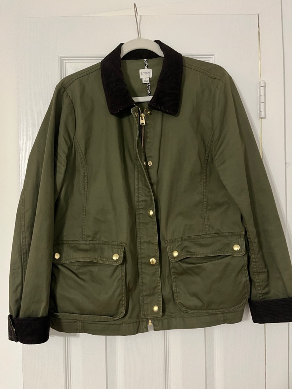 J. Crew Olive Green Barn Jacket with Dark Brown Corduroy Collar